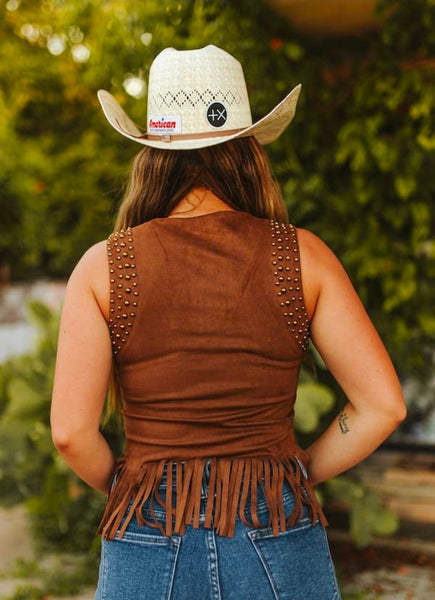 Brown Studded Fringe Hem Suede Sleeveless Top