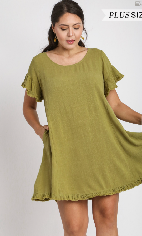 Plus Size Linen Dress With Pockets - Avocado
