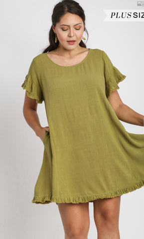 Plus Size Linen Dress With Pockets - Avocado
