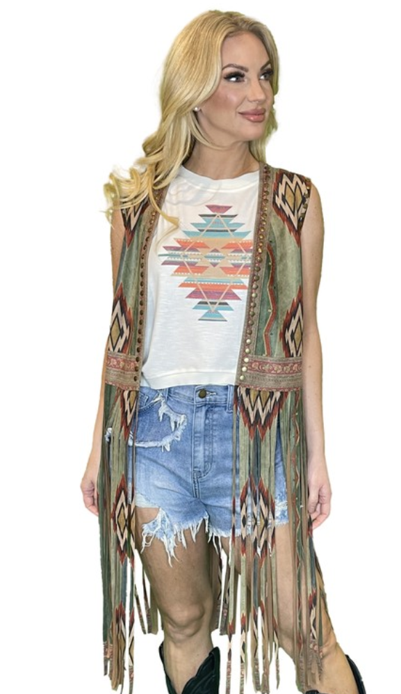 Aztec Print Vest w/Fringe