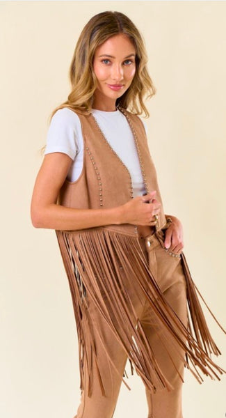 Studded Long Fringe Faux Suede Vest - Tan