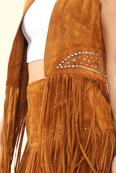 Suede Silver Studded Fringe Vest - Brown