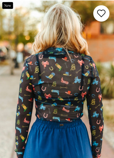 Navy Colorful Western Printed Long Sleeve Mesh Tops