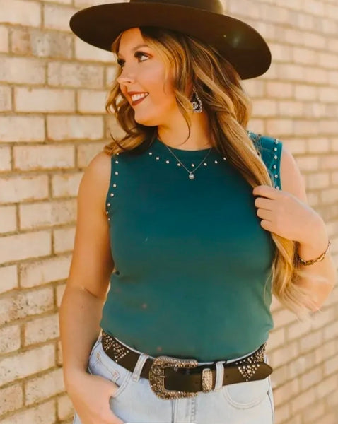 Teal Vintage Silver Studded Tank Top