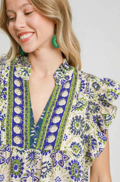 Ruffle Sleeve Boho Mini Dress - Blue Mix
