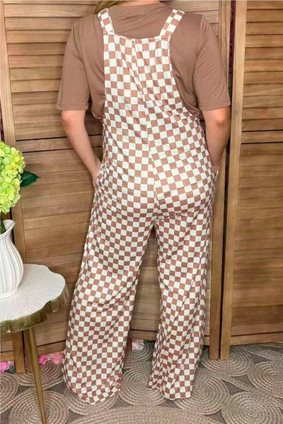Brown White Checker One Piece Casual Women Jumpsuit