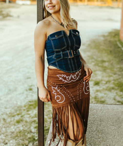 Brown Stretch Suede Boot Stitch Embroidered Studded Fringe Skirt