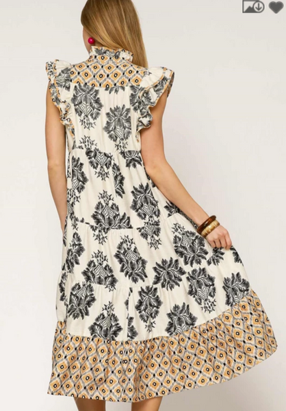 Ruffle Sleeve Mixed Print Midi Dress - Black Mix