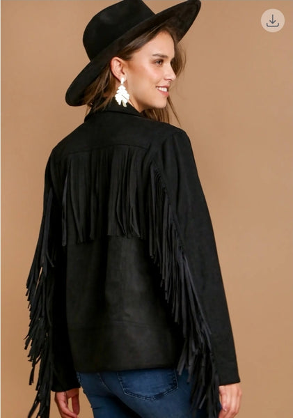 Suede Fringe Snap Button Jacket & Side Pockets