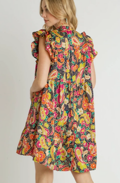 Ruffle V-Neck Paisley Print A-Line Dress with Flutter Sleeves - Lime
