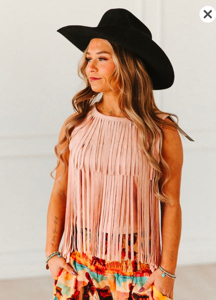 Soft Pink Stretch Suede Fringe Tier Sleeveless Top