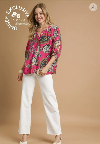 Boho Paisley Puff Sleeve Blouse - Pink