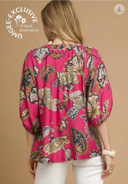 Boho Paisley Puff Sleeve Blouse - Pink