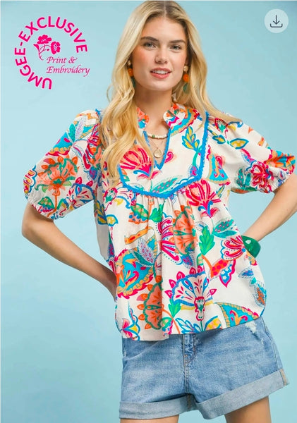 Paisley Print Babydoll Top - Cream Mix