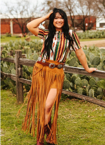Camel Stretch Suede Long Fringe Skirt