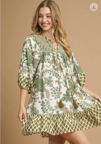 Mixed Print Mini Dress - Sage