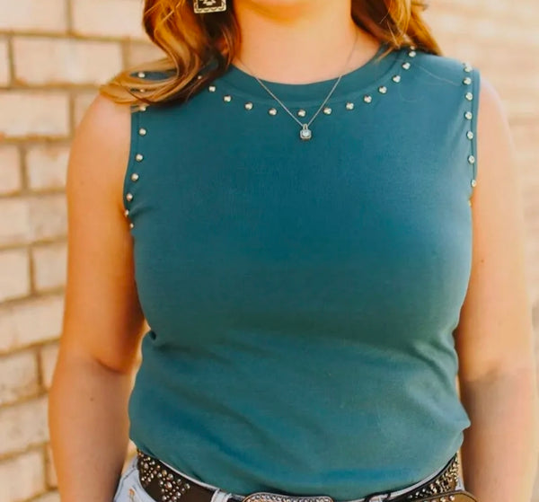 Teal Vintage Silver Studded Tank Top
