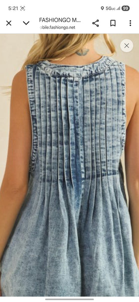 Pleated Rhinestone Denim Romper - Med wash