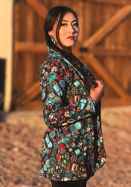 Turquoise Stone Jewelry Printed Blazer