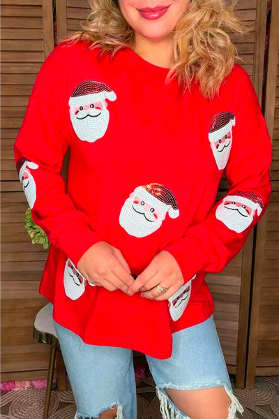 Christmas Sequin Santa Patch Red Long Sleeve