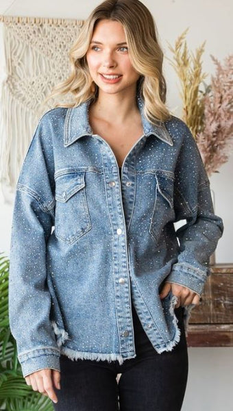 Sparkling Rhinestone Denim Shacket - Medium Denim