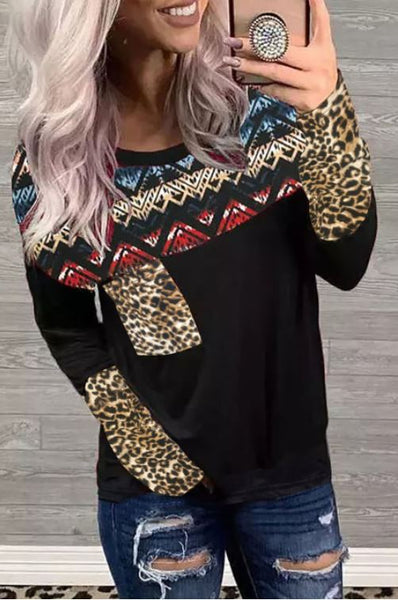 Leopard Pocket Geometric Splicing Long Sleeve Top