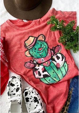 Red Washed Cowboy Snowman Tee