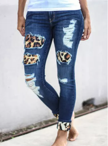 Blue Leopard Spliced Ripped Jeans