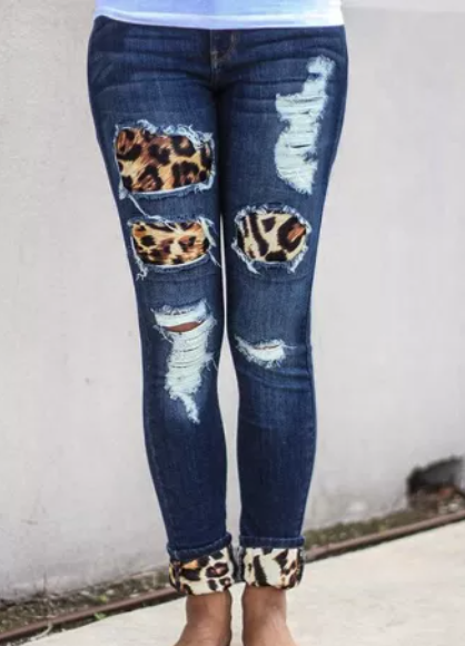 Blue Leopard Spliced Ripped Jeans