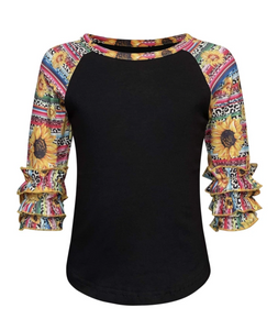 Black Serape Sunflower Cheetah Ruffle Raglan Top