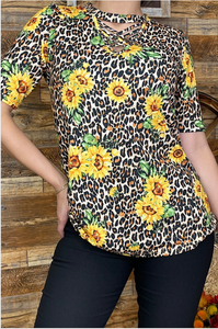 Leopard & Sunflower Top w/ Criss Cross Neckline