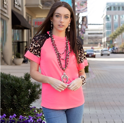 Lace and Leopard Tee - Neon Pink