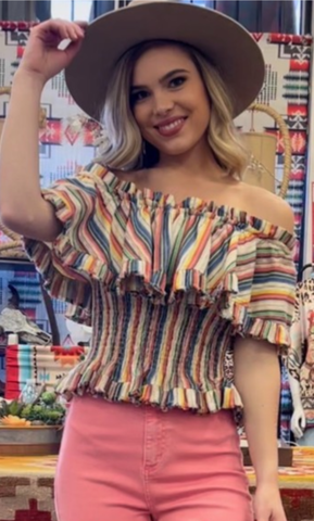 Colorful Off The Shoulder Ruffle Top