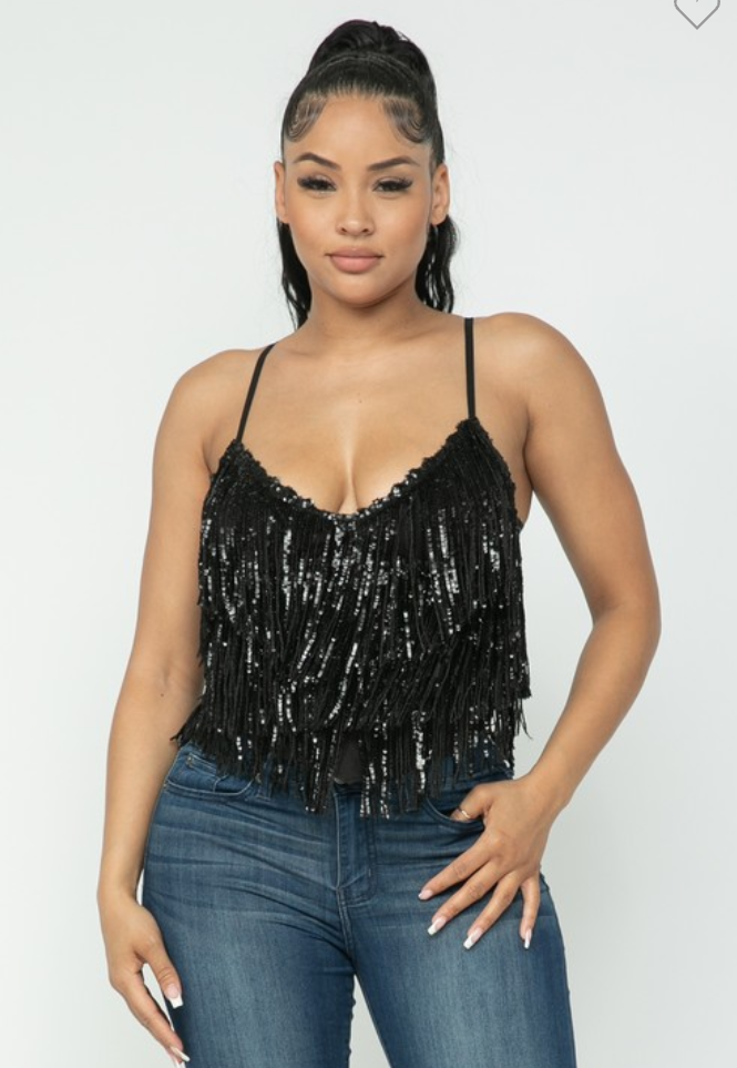 Sequins Fringe Top - Black