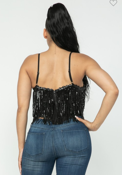 Sequins Fringe Top - Black