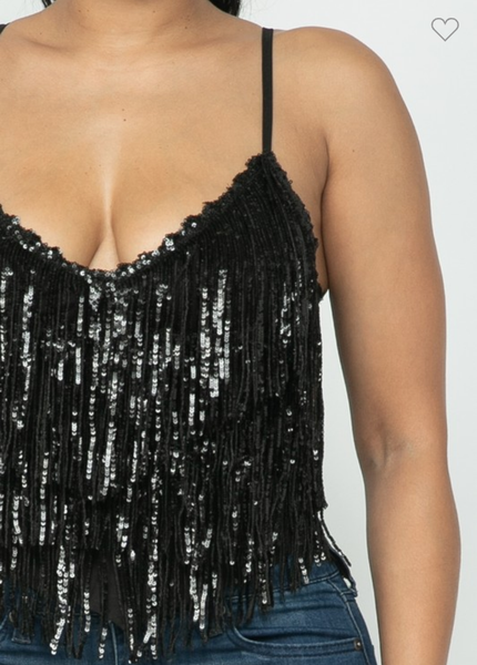 Sequins Fringe Top - Black