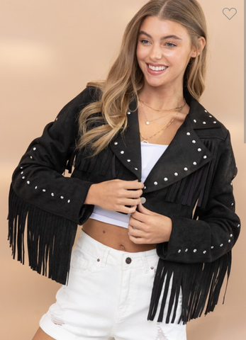 Suede Fringe Studded Crop Jacket - Black