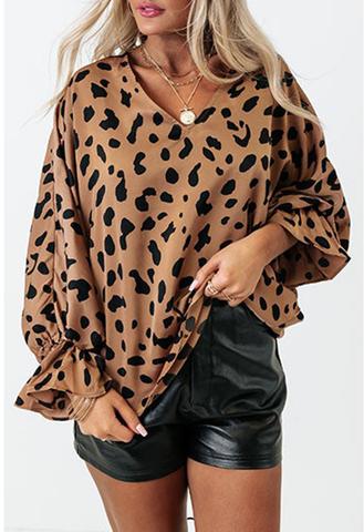 Leopard Ruffled Cuffs Loose Blouse