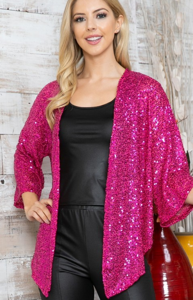 Sequined Open Cardigan - Fuchsia