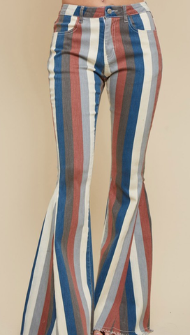 Multi-Striped Distressed Denim Flares