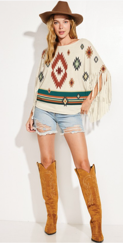 Aztec Fringe Dolman Top - Oatmeal