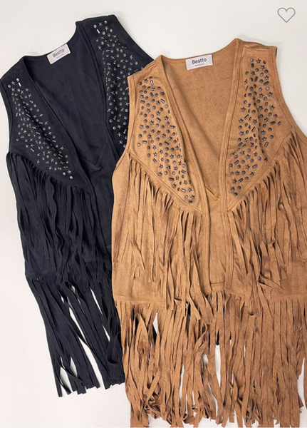 Suede Finge & Metal Stud Hippie Vest - Brown