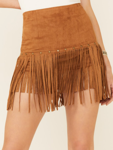 Suede Fringe Skirt - Camel