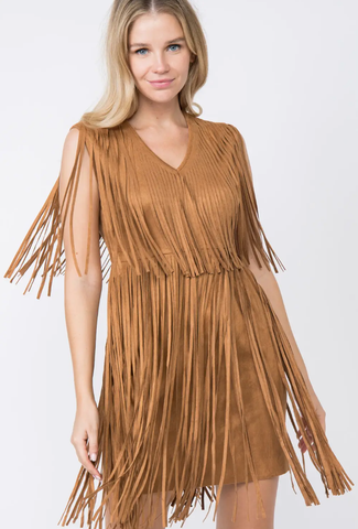 Suede Fringed VNeck Dress - Camel