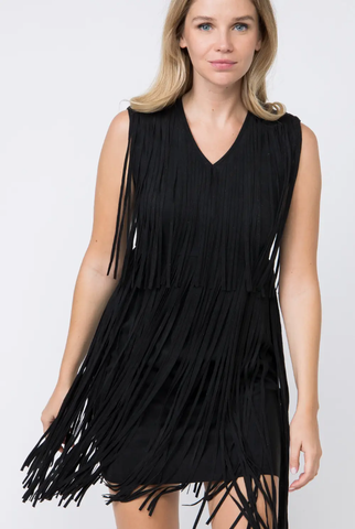 Suede V Neck Fringed Sleeveless Dress