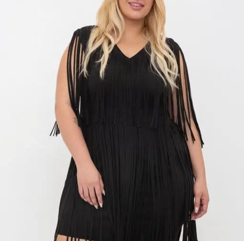 Plus Size - Suede Vneck Fringed Dress