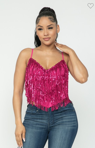 Sequins Fringe Top - Fuchsia