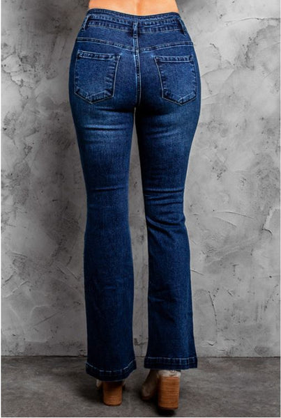 Blue High Rise Buttoned Flared Jeans