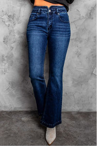 Blue High Rise Buttoned Flared Jeans