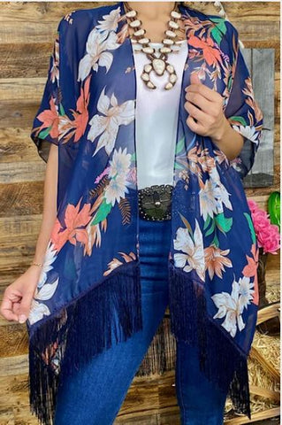 Plus Size Blue Sheer Floral Kimono W/Fringe